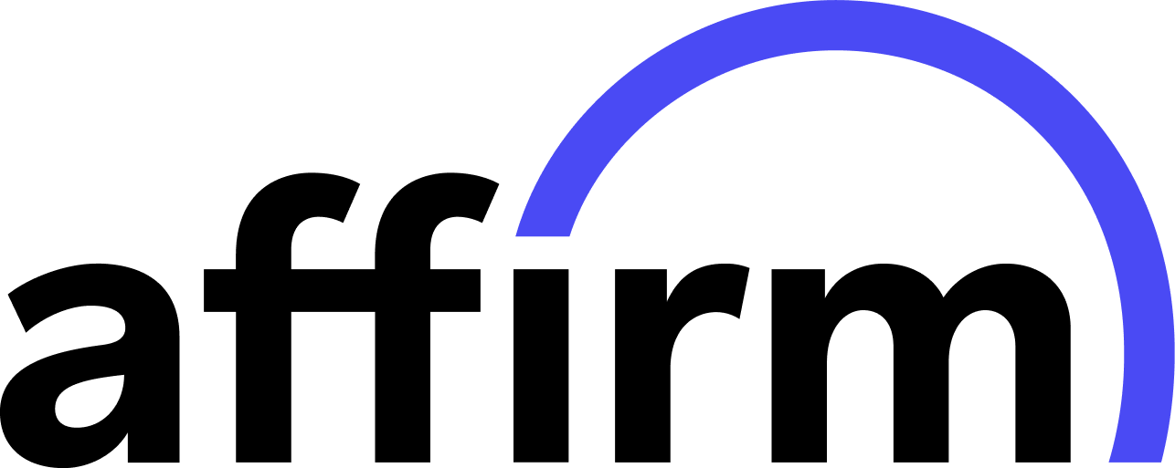 Affirm logo featuring the word affirm in bold black lowercase letters with a curved blue line arching over the last three letters.